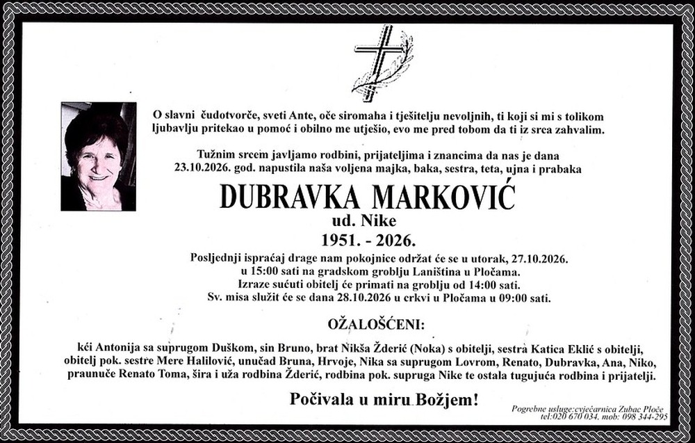 Preminula Dubravka Marković ud. Nike